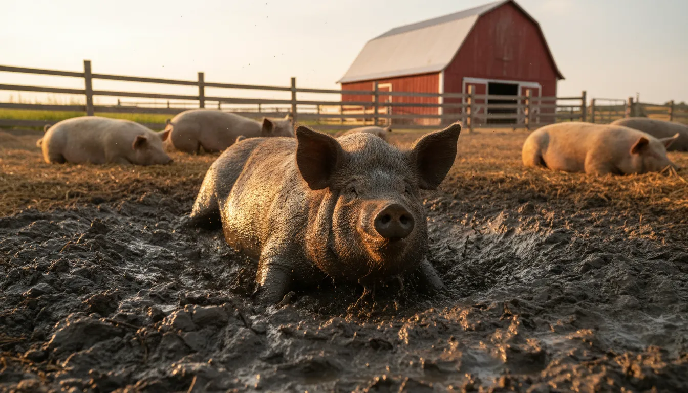 happy as a pig in shit 的插圖：Extremely joyful or content.