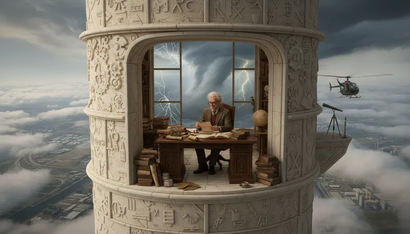 Illustration of ivory tower: a state of aloofness from practical matters.
