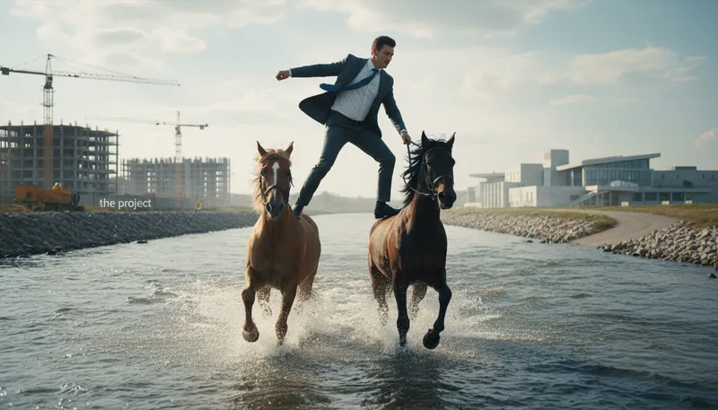 Illustration of change horses in midstream: to change plans during an ongoing process