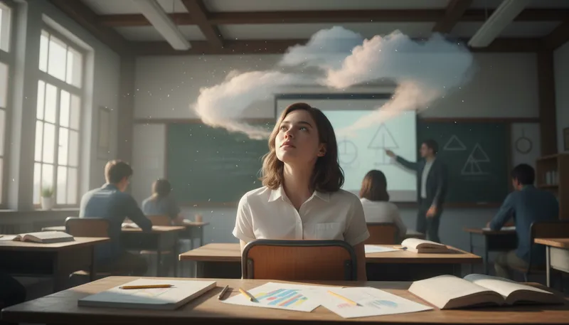 Illustration of head in the clouds: dreamy and not paying attention.