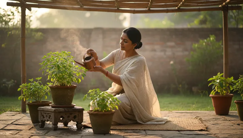 Illustration of tulsi: A sacred plant in Hindu culture.