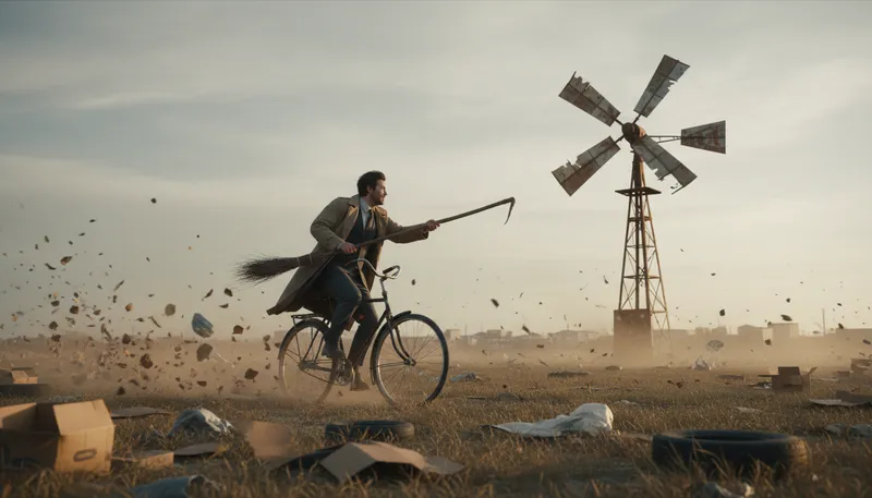 Illustration of tilt at windmills: To fight imaginary or unlikely challenges.