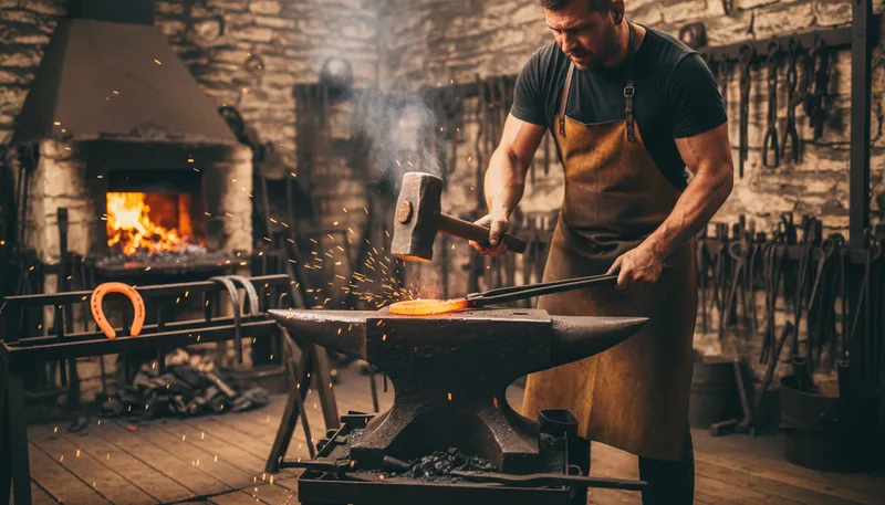 Illustration of iron: A strong, hard metal used for tools and construction.