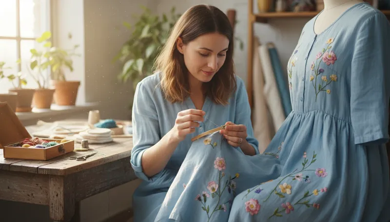 Illustration of embroider: To decorate fabric with needle and thread.