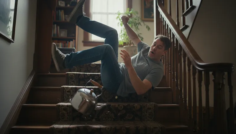 Illustration of ass over teakettle: To fall unexpectedly and awkwardly.