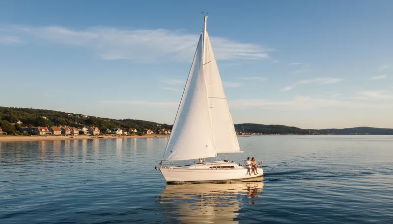 Illustration of sloop: A small sailing boat with a single mast.