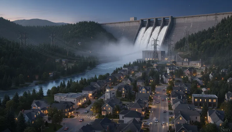 Illustration of hydroelectric: Electricity generated from flowing water.