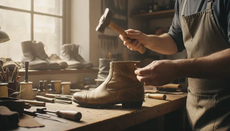 Illustration of cobbler: A person who repairs shoes and leather goods.