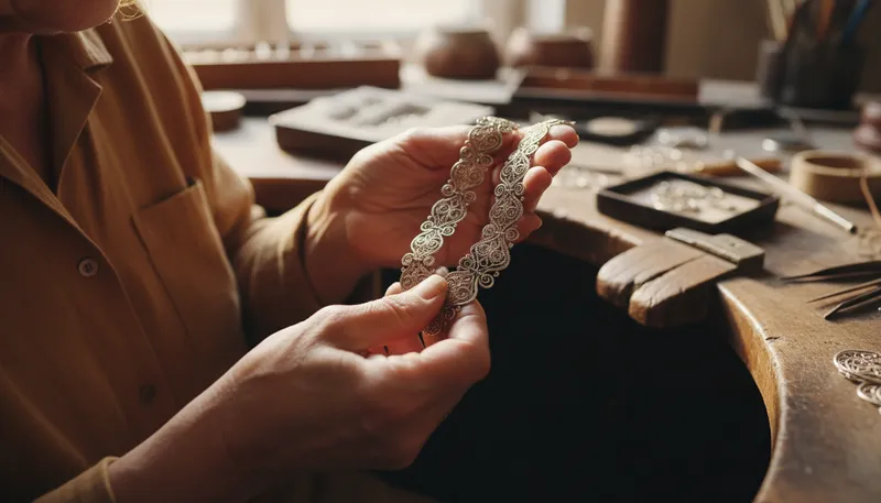Illustration of filigree: Delicate ornamental work in gold or silver.