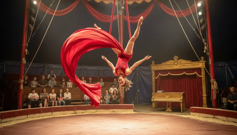 Illustration of acrobatic: Relating to gymnastic feats or movements.