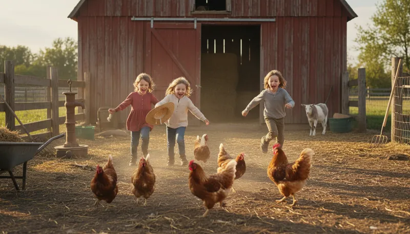 Illustration of barnyard: An area around a barn for animals.
