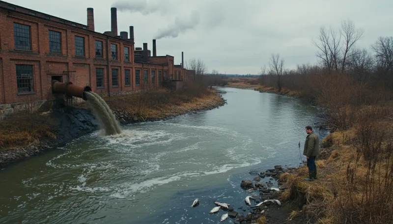 Illustration of effluent: Liquid waste or sewage discharged into water.