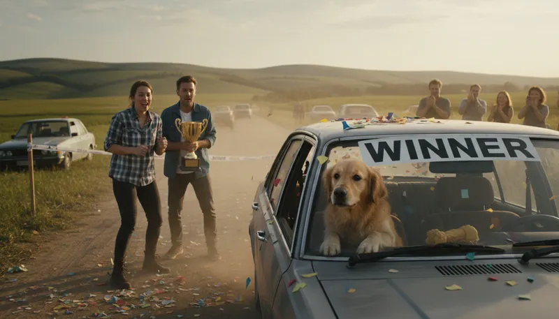 Illustration of the proverbial dog that caught the car: Someone who achieves a surprising goal.