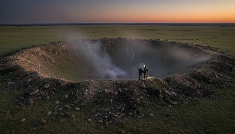 Illustration of crater: a large, bowl-shaped hole in the ground.