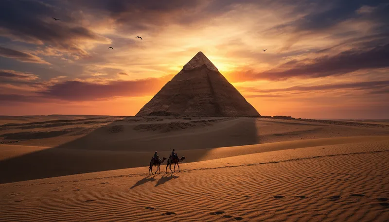 Illustration of pyramid: A large structure with a square base and triangular sides.