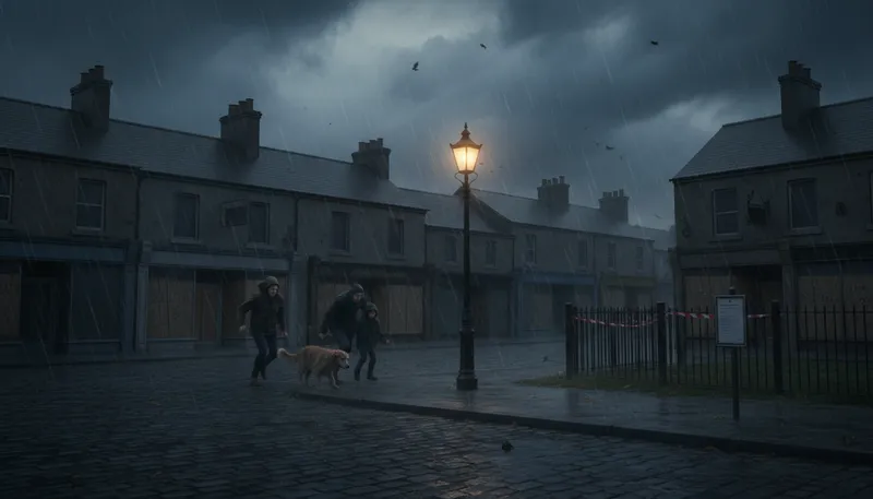 Illustration of curfew: A regulation requiring people to be indoors.