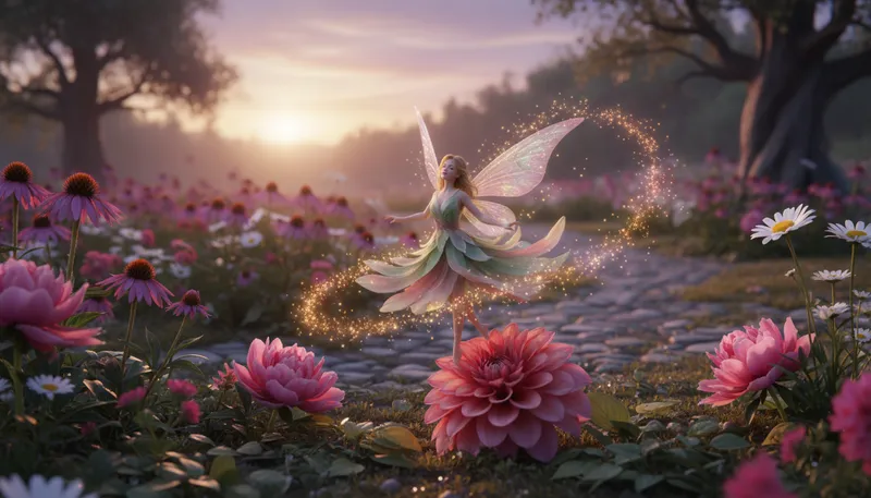 Illustration of fairy: A small magical being, often with wings.