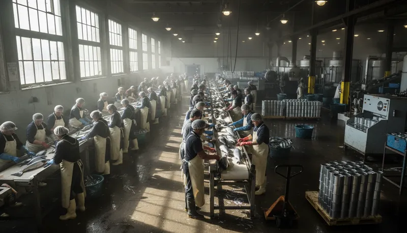 Illustration of cannery: A factory for preserving food in cans.