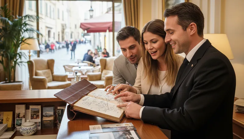 Illustration of concierge: A hotel staff member assisting guests.