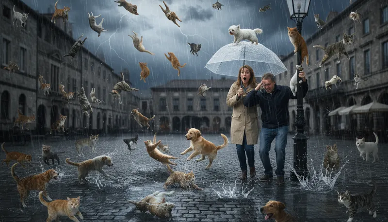 Illustration of rain cats and dogs: to rain very heavily