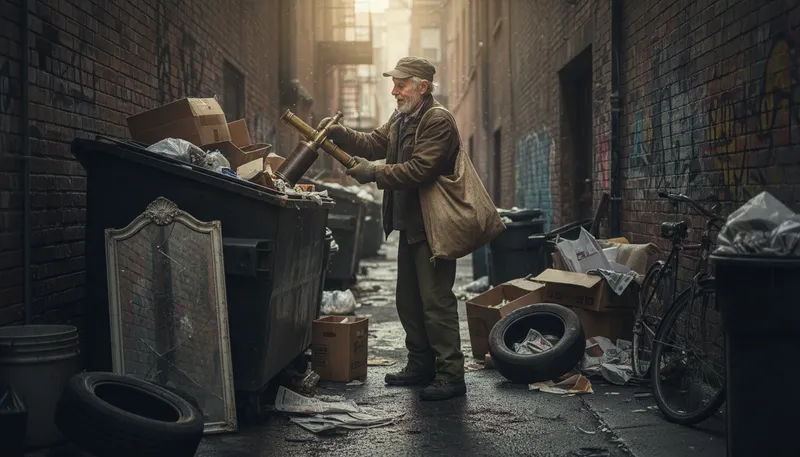 Illustration of rag bagger: A person who collects discarded items.