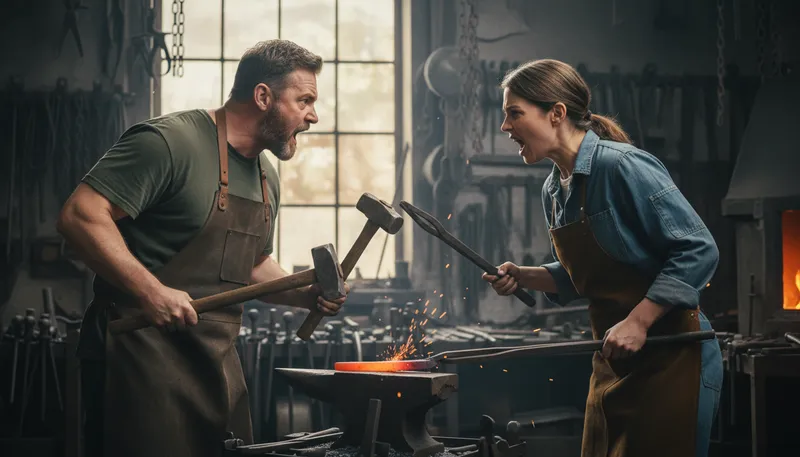 Illustration of hammer and tongs: with great intensity or effort.