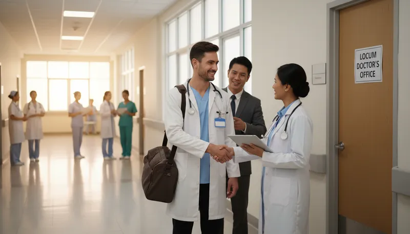 Illustration of locum: A temporary substitute, especially in medical professions.