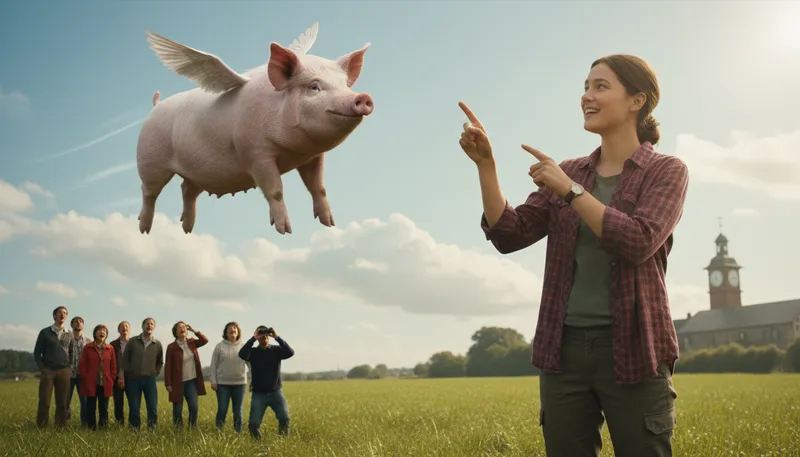 Illustration of pigs can fly: an expression for something impossible
