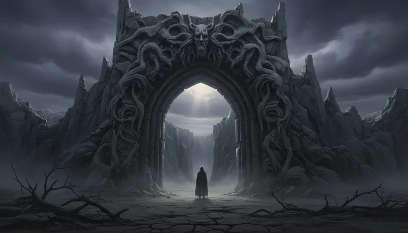 Illustration of all hope abandon ye who enter here: No hope remains for those who enter here.