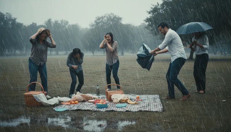 Illustration of downpour: A heavy rainstorm.