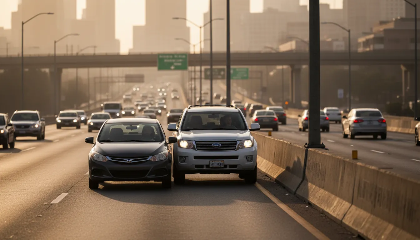 ride one's bumper 的插圖：drive very close behind another vehicle.