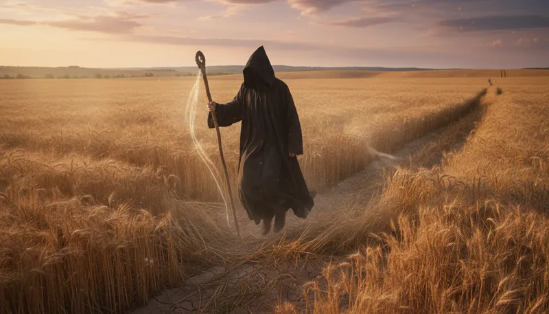 Illustration of reaper: A person or machine that harvests crops.