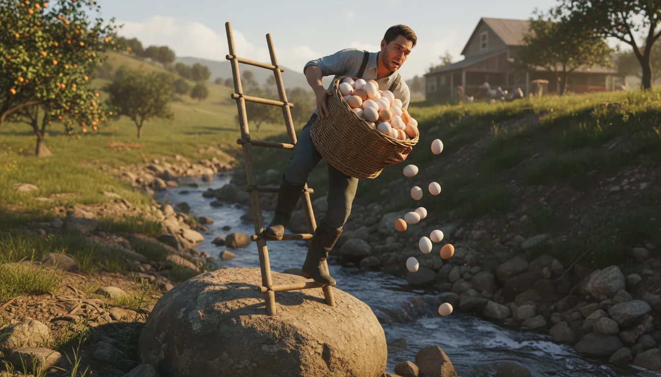 Иллюстрация put all one's eggs in one basket: risk everything on a single venture.