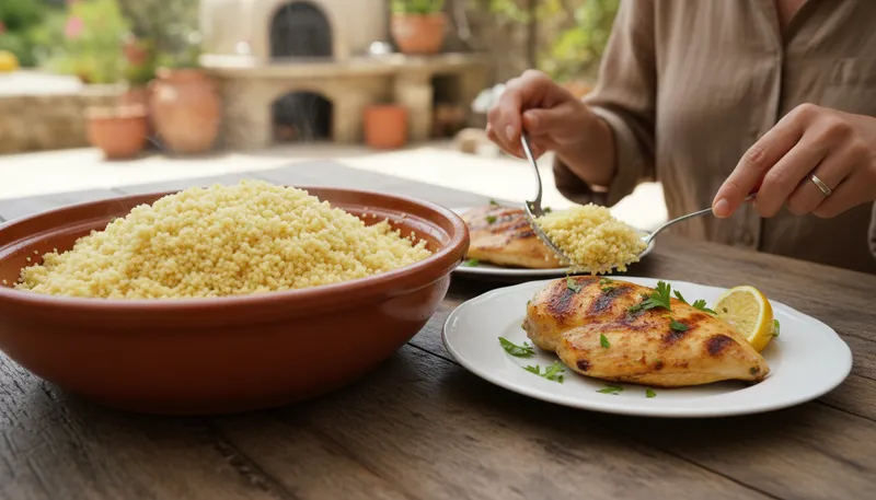 Illustration of couscous: A type of small pasta made from wheat.