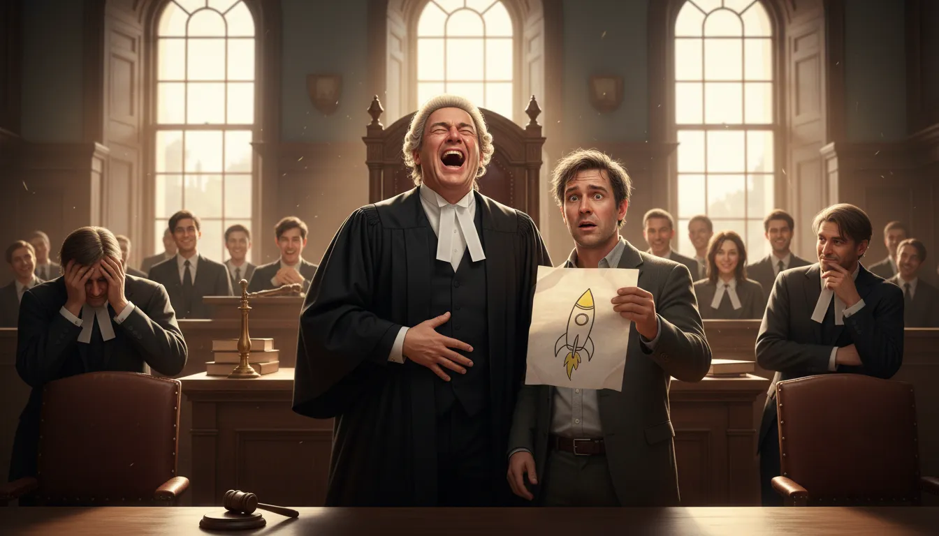 Illustration von laugh out of court: Dismiss or reject as ridiculous.