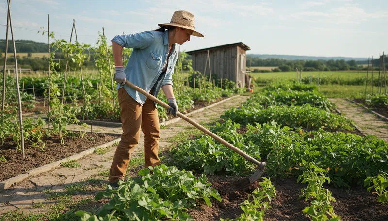 Illustration of hoe: Gardening tool for digging and weeding.