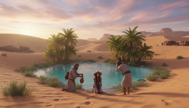 Illustration of oasis: A fertile area in a desert.