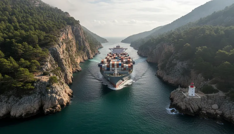 Illustration of strait: a narrow passage of water.