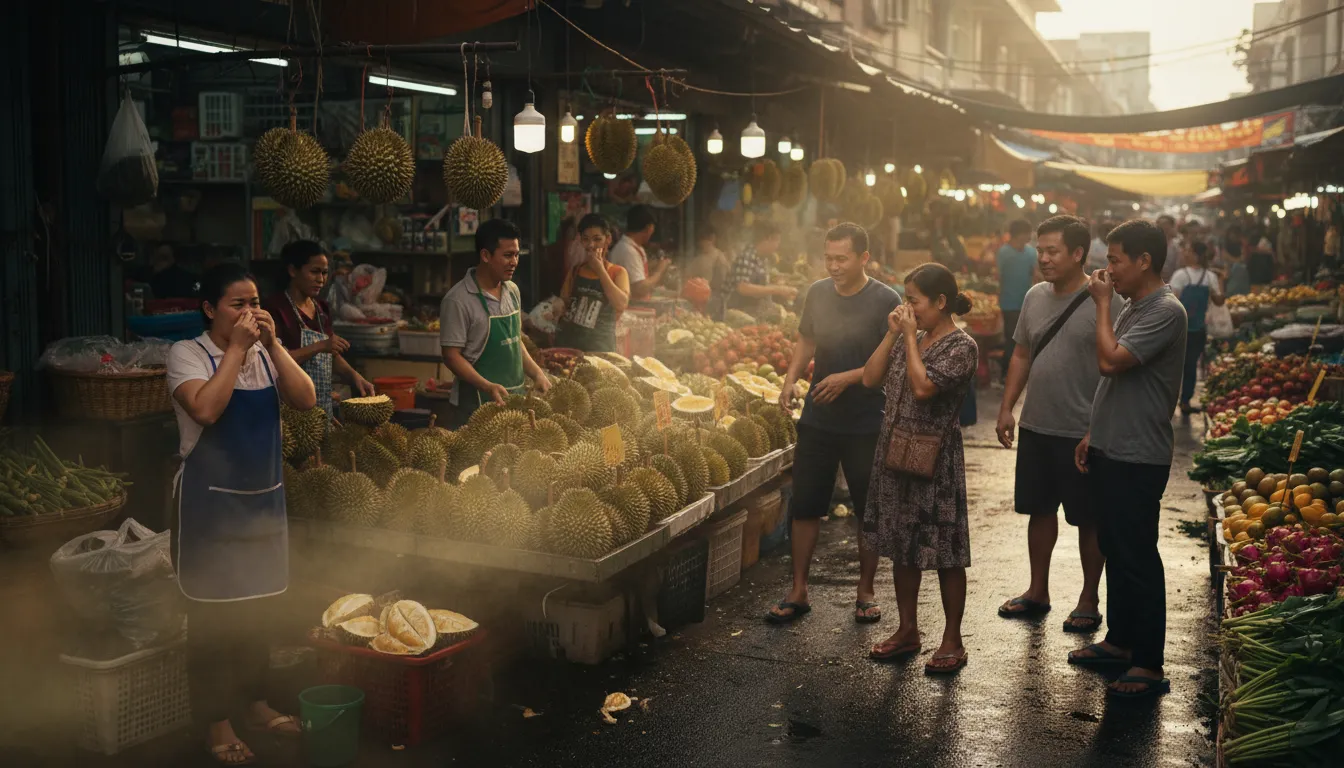 Hình minh họa cho durian: A tropical fruit known for its strong smell.