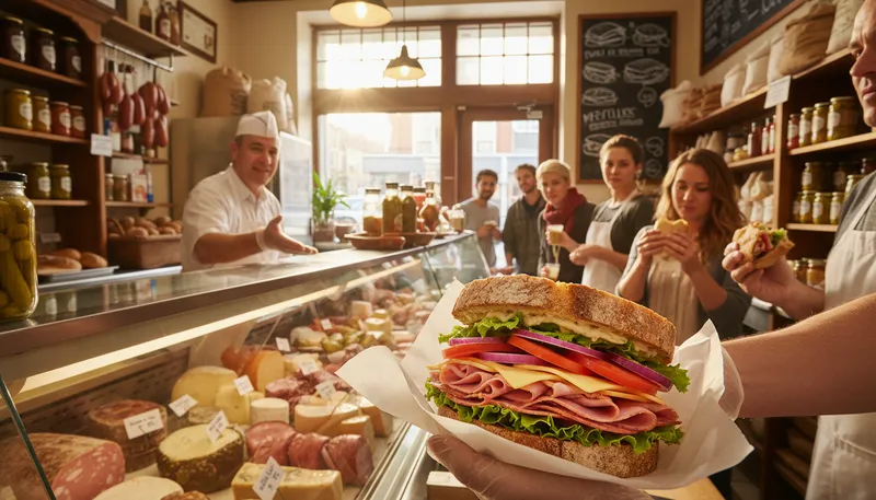 Illustration of deli: A store selling prepared foods and meats.