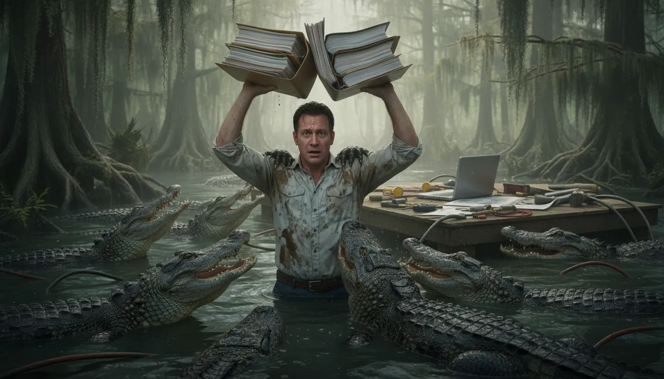 up to one's neck in alligators 的插图：Overwhelmed with problems or tasks.