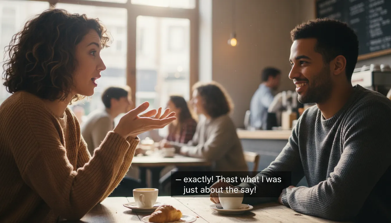 take the words right out of one's mouthのイラスト：To say exactly what another person was about to say.