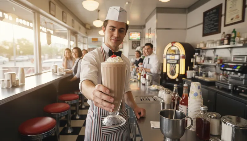 Illustration of soda jerk: A person who serves soda at a counter.