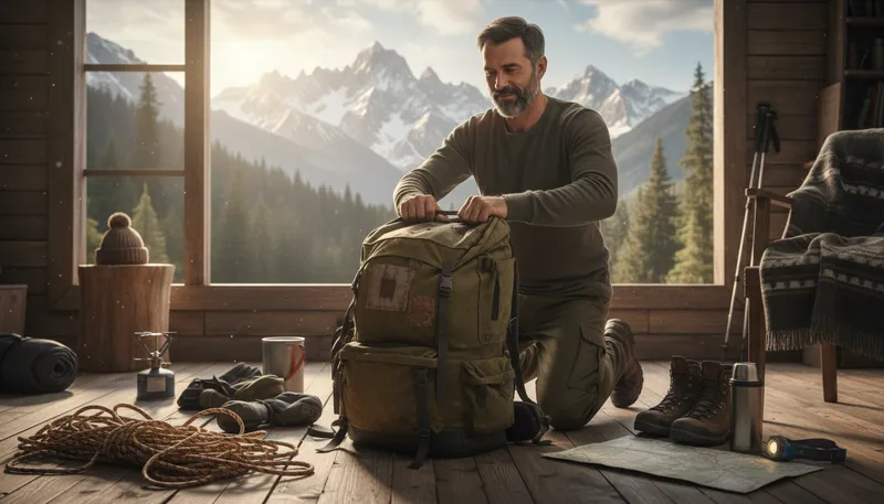 Illustration of rucksack: A backpack used for carrying supplies.