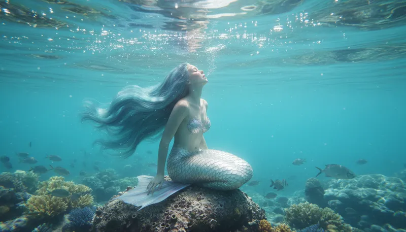 Illustration of mermaid: A mythical creature with a human upper body and fish tail.