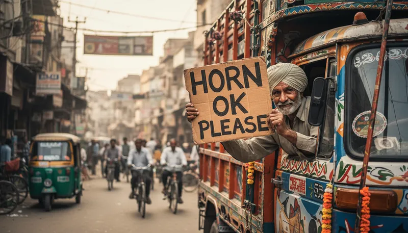 Illustration of horn ok please: a request to honk the horn