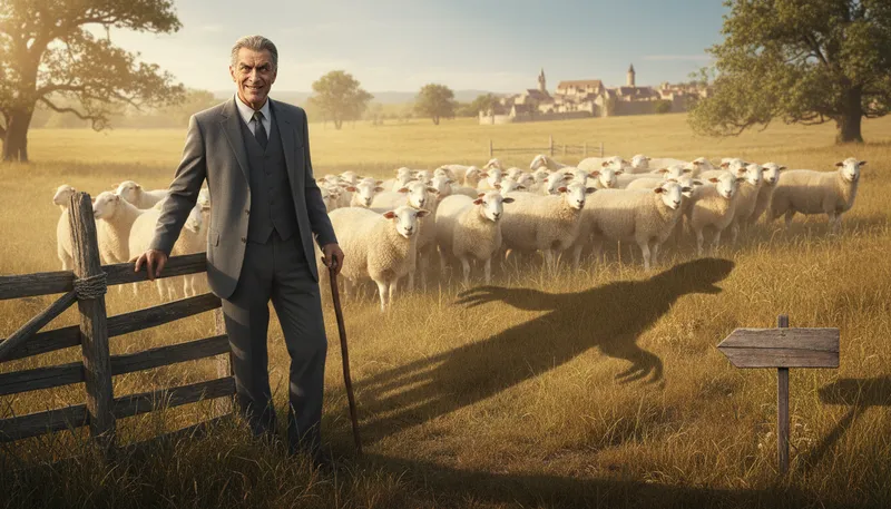 Illustration of wolf guarding the sheep: A dangerous person in a protective role.