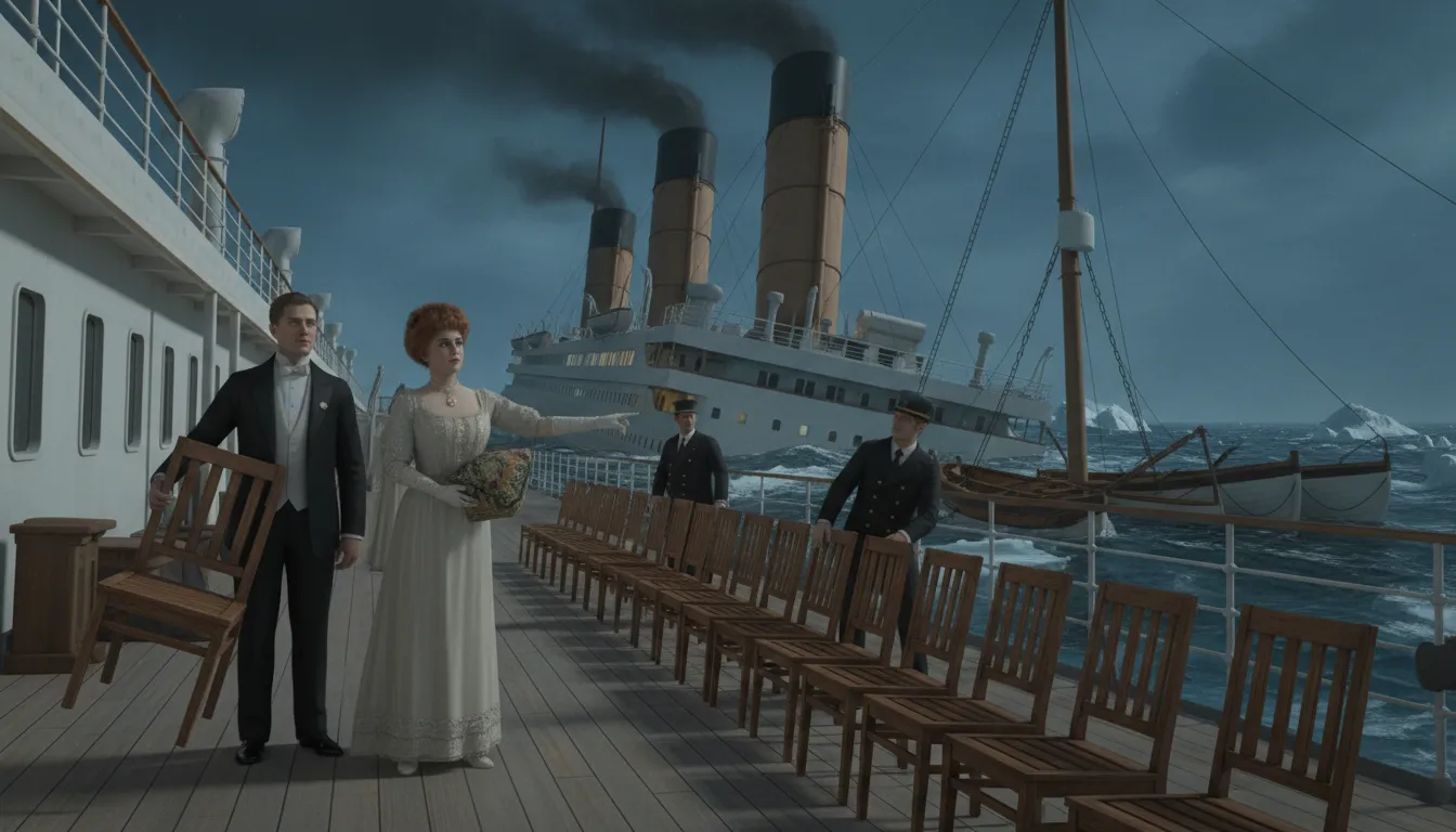 rearrange the deck chairs on the titanicのイラスト：To waste time on trivial matters during a crisis.