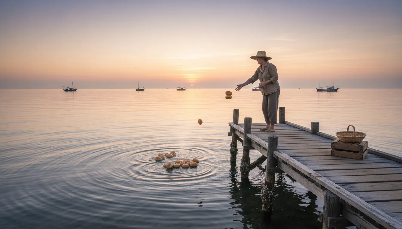 Illustrazione di cast one's bread upon the waters: to take risks hoping for future rewards
