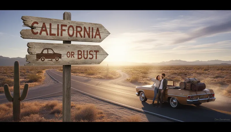 Illustration of cali or bust: Determined to reach California, no matter what.